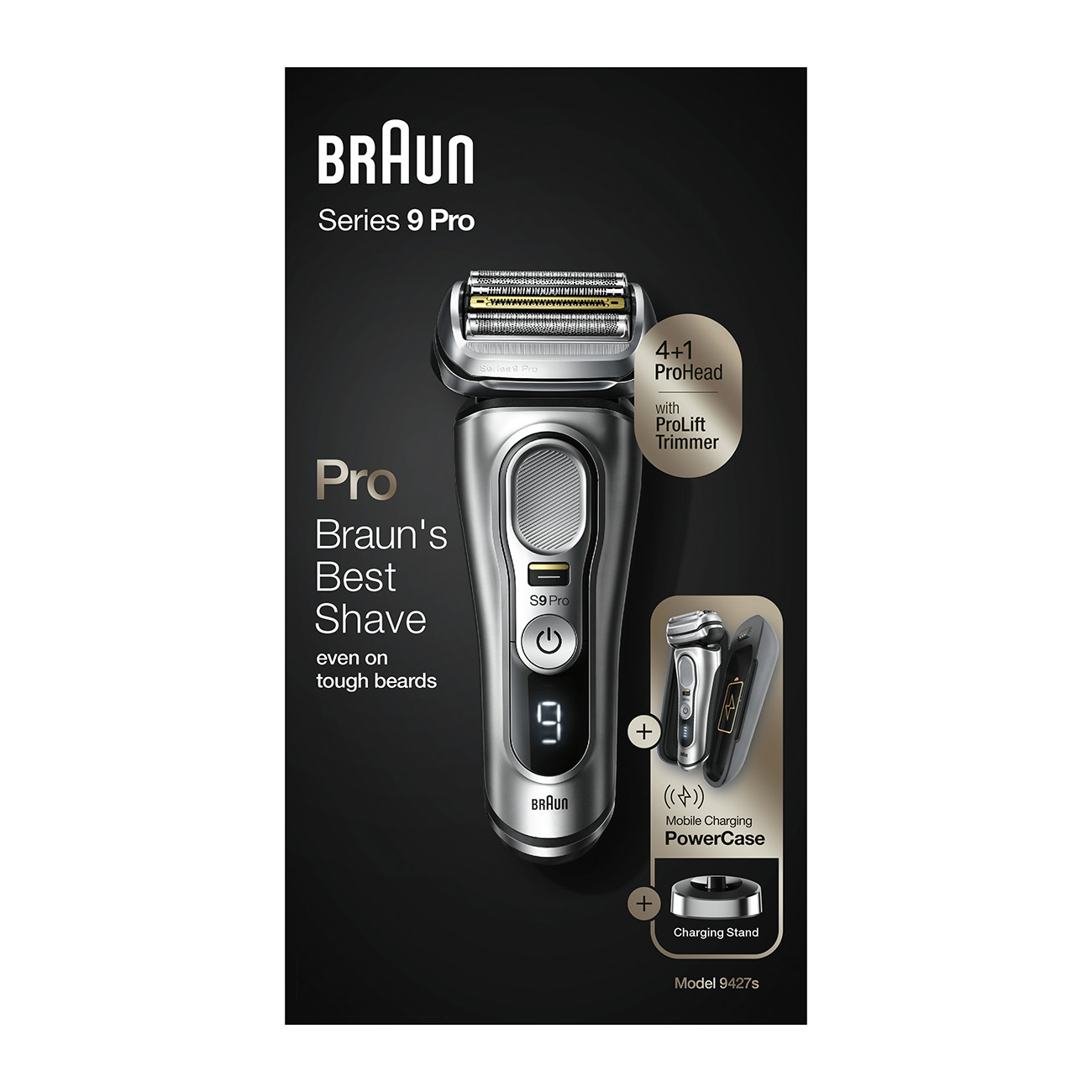Rasoio elettrico Braun Series 9 Pro. Con ProHead, ProLift Trimmer e custodia di ricarica mobile.
