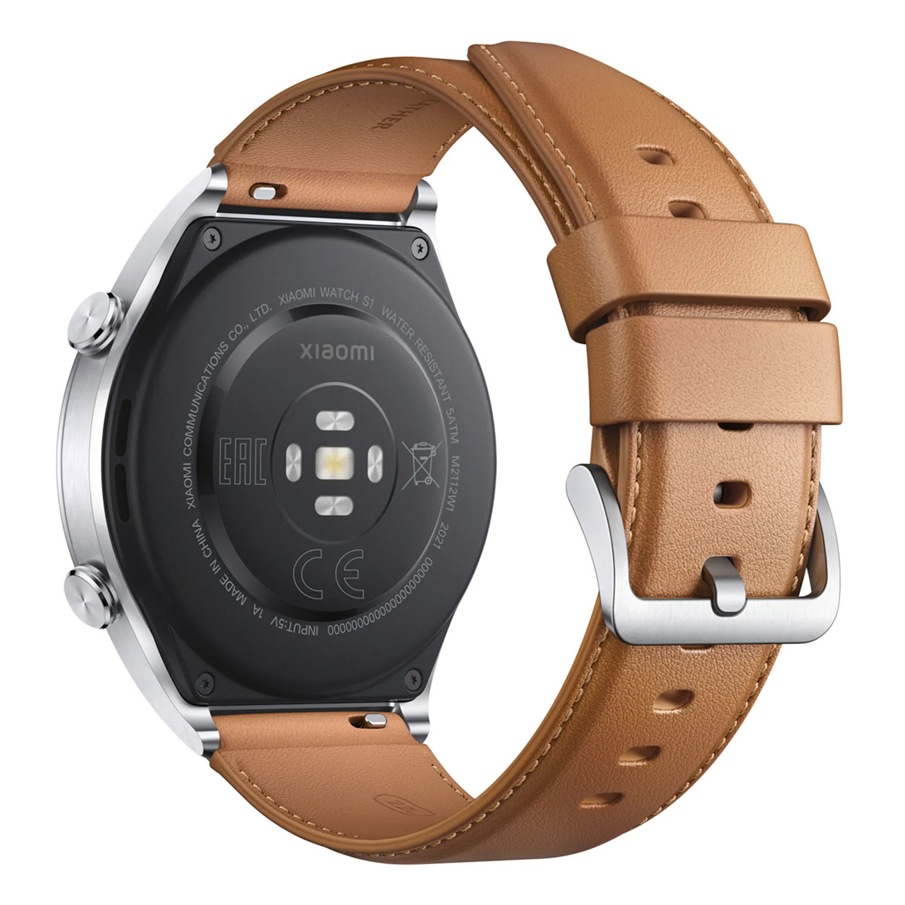 Smartwatch firmy Xiaomi. Widok z tyłu. Brązowy skórzany pasek. Srebrna obudowa. Czujnik tętna i punkty ładowania.