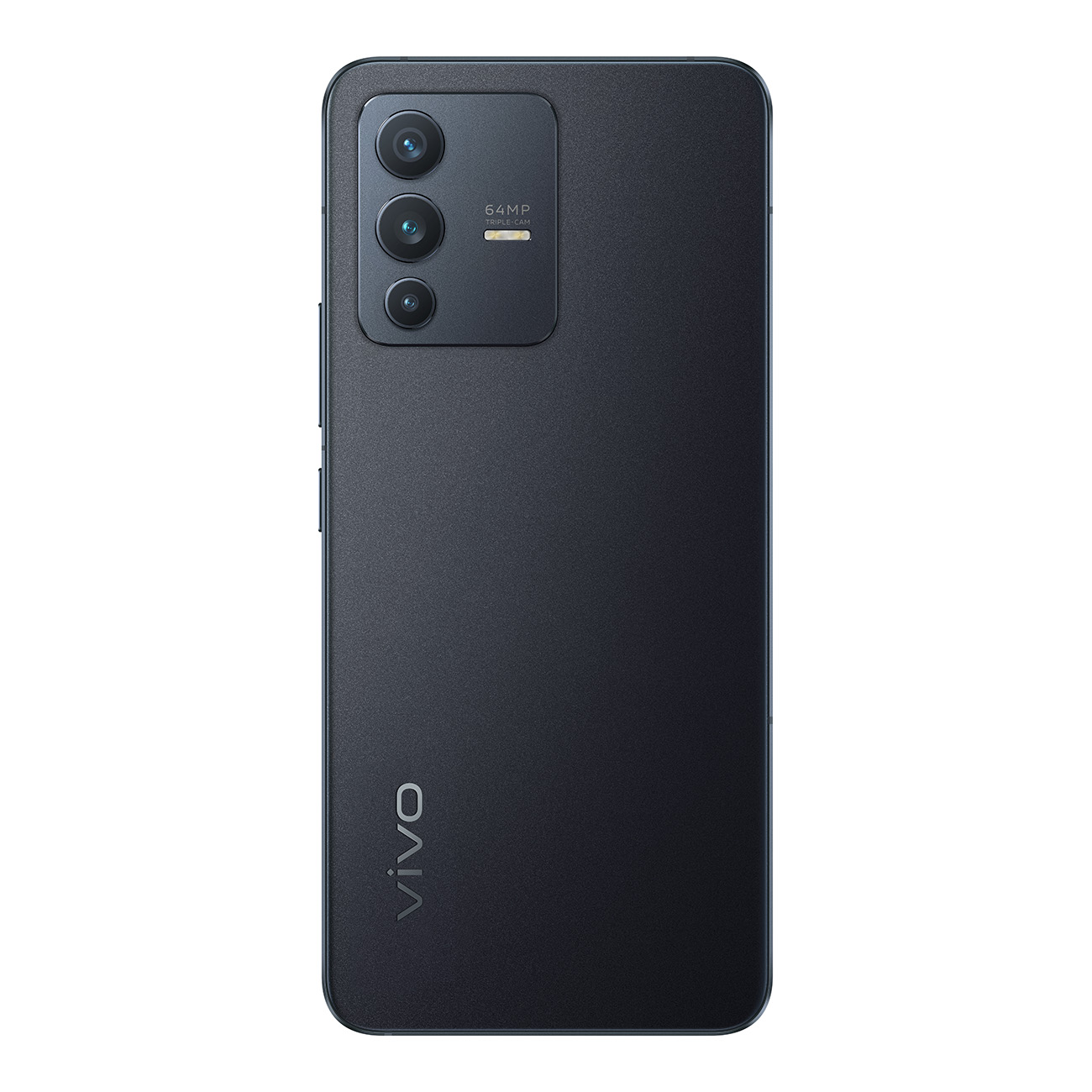 Vista posteriore di uno smartphone Vivo blu scuro con tripla fotocamera e logo Vivo.