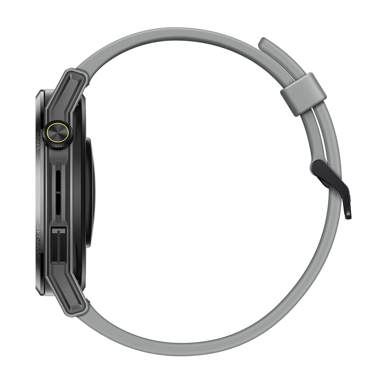 Seitenansicht einer grauen Smartwatch. Sie hat ein graues Armband und einen schwarzen Bildschirm.