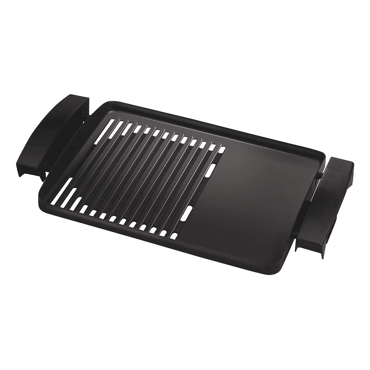 Schwarzer Elektrogrill mit Grillplatte und Grillfläche.