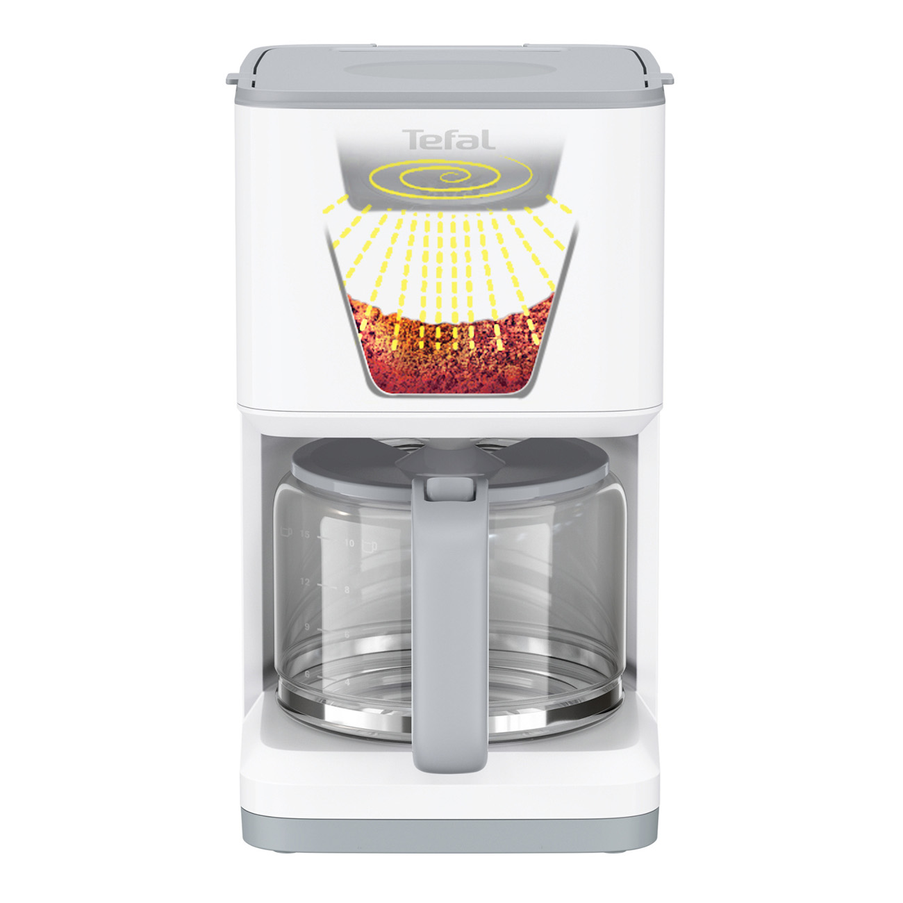 Biały ekspres do kawy ze szklaną karafką, pokazujący widok wewnętrzny parzenia kawy.