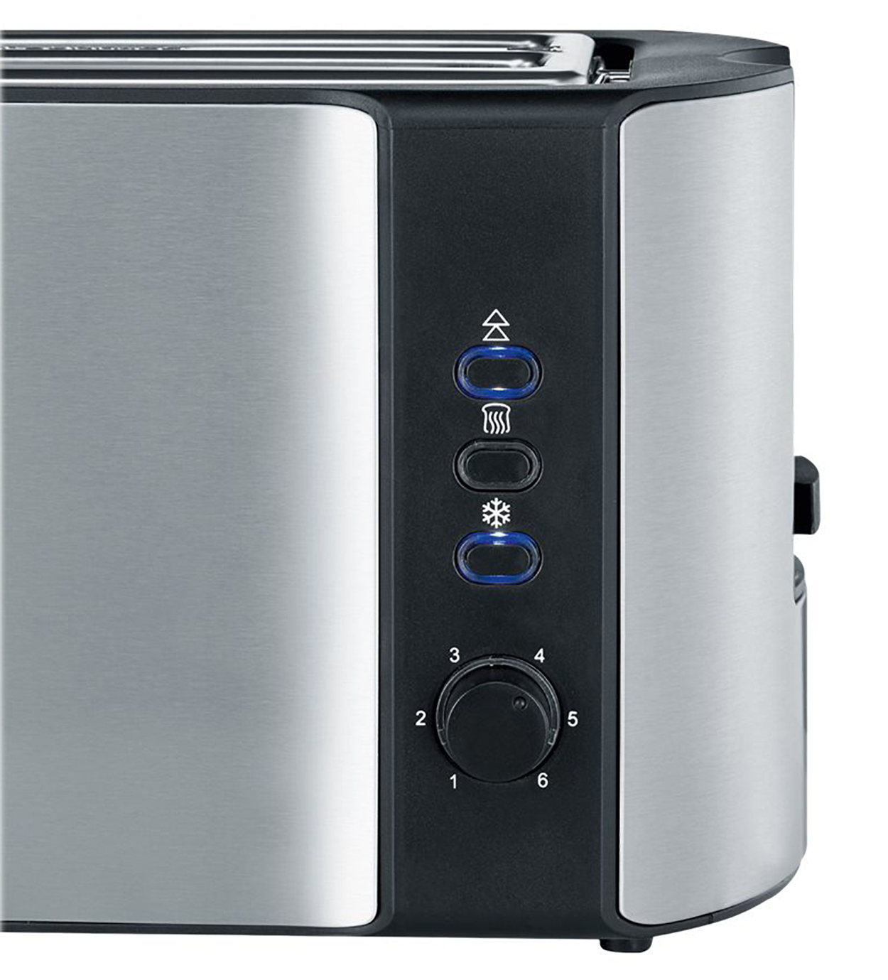 Srebrno-czarny toster z przyciskami i pokrętłem do ustawiania stopnia zarumienienia.