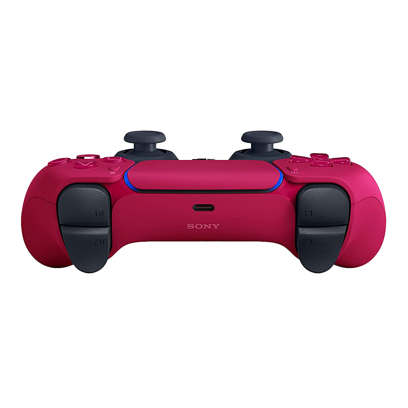 Mando rojo de PlayStation 5 con botones etiquetados, joysticks negros y logotipo de Sony.