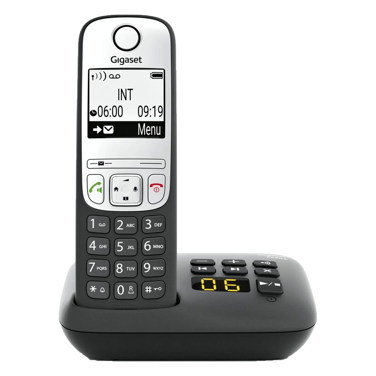 Un teléfono inalámbrico en blanco y negro, con pantalla digital y teclado.