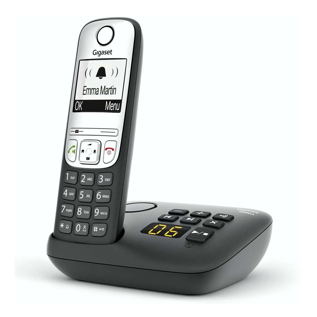 Un teléfono Gigaset negro con pantalla que muestra un contacto y botones.
