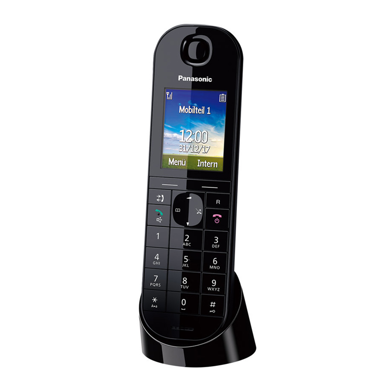 Ein schwarzes schnurloses Panasonic-Telefon mit Bildschirm, der Informationen anzeigt, auf einem Ständer.