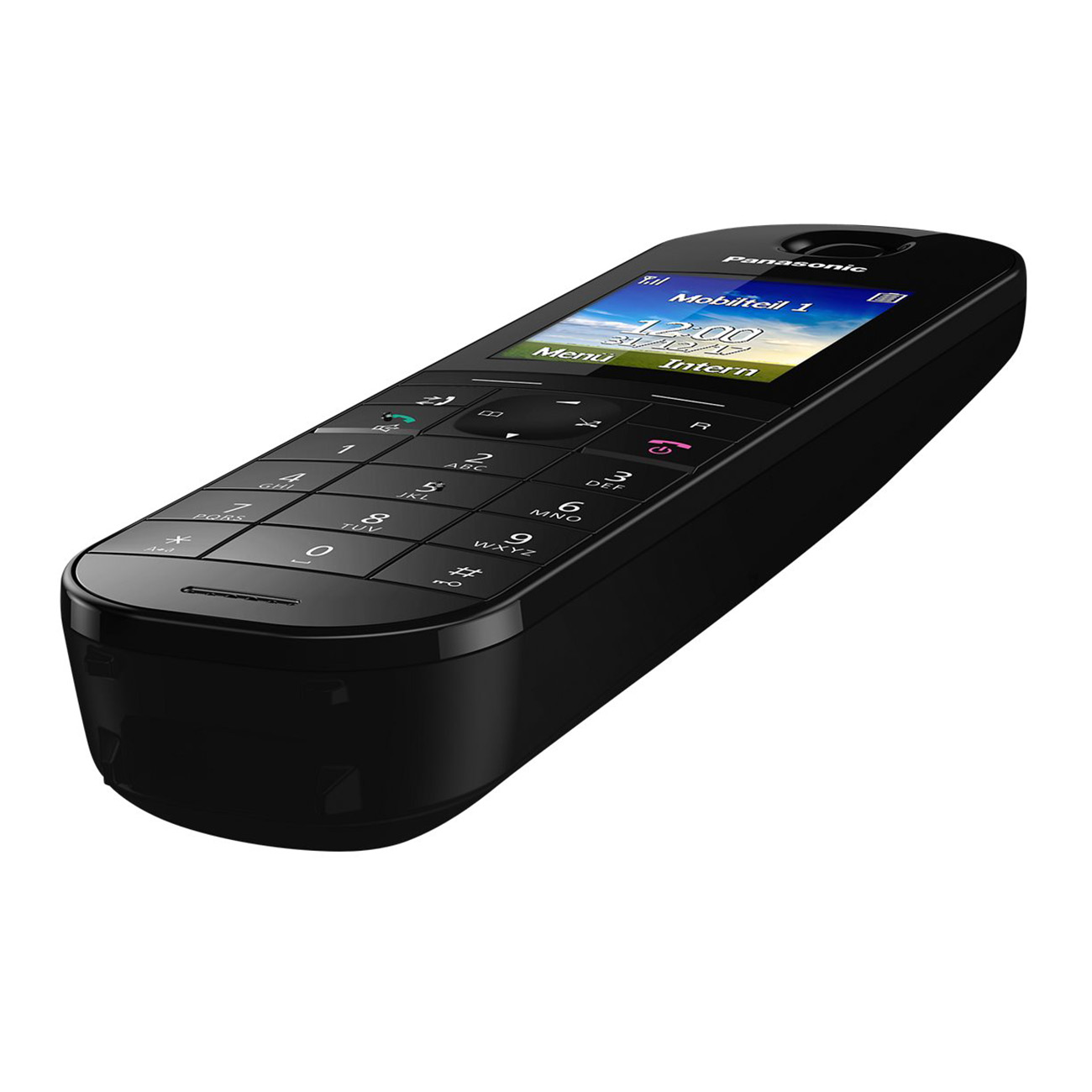 Ein schwarzes schnurloses Telefon auf weißem Hintergrund. Das Telefon hat einen Bildschirm und eine numerische Tastatur.