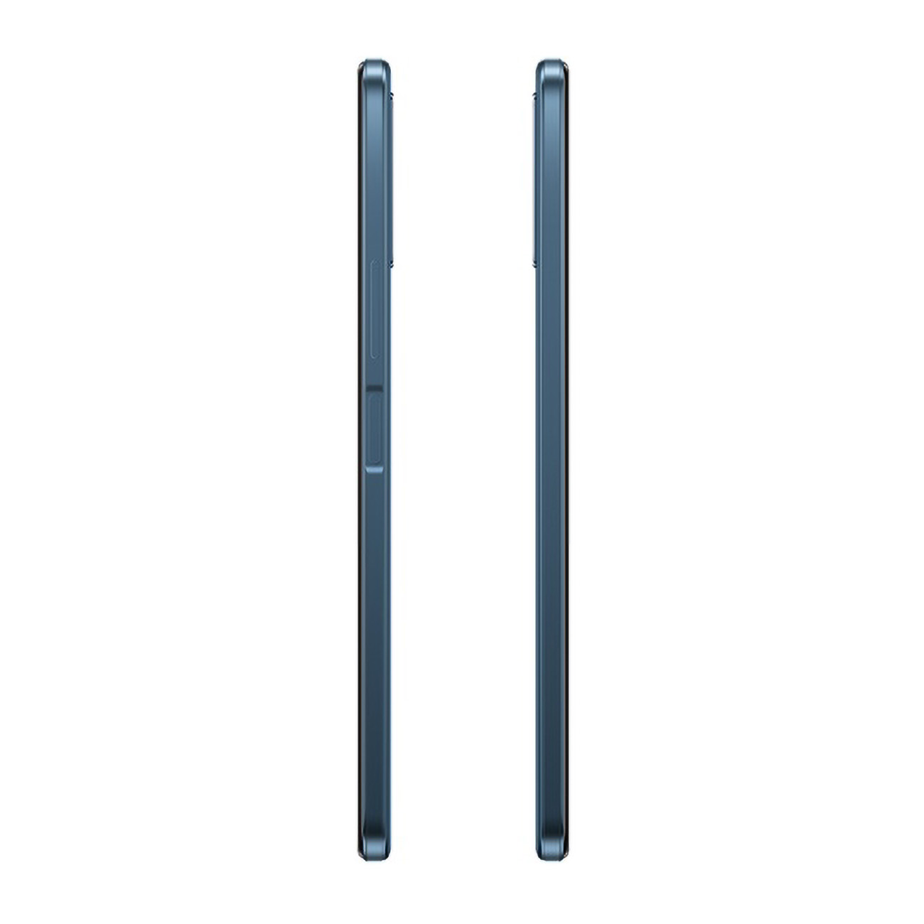 Zwei Seitenansichten eines blauen Telefons.