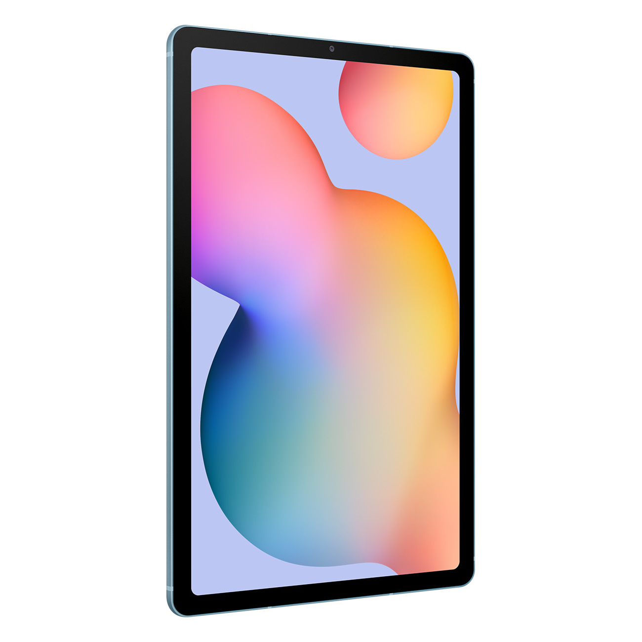 Tablet z jasnoniebieską ramką i kolorowym, abstrakcyjnym tłem na ekranie.