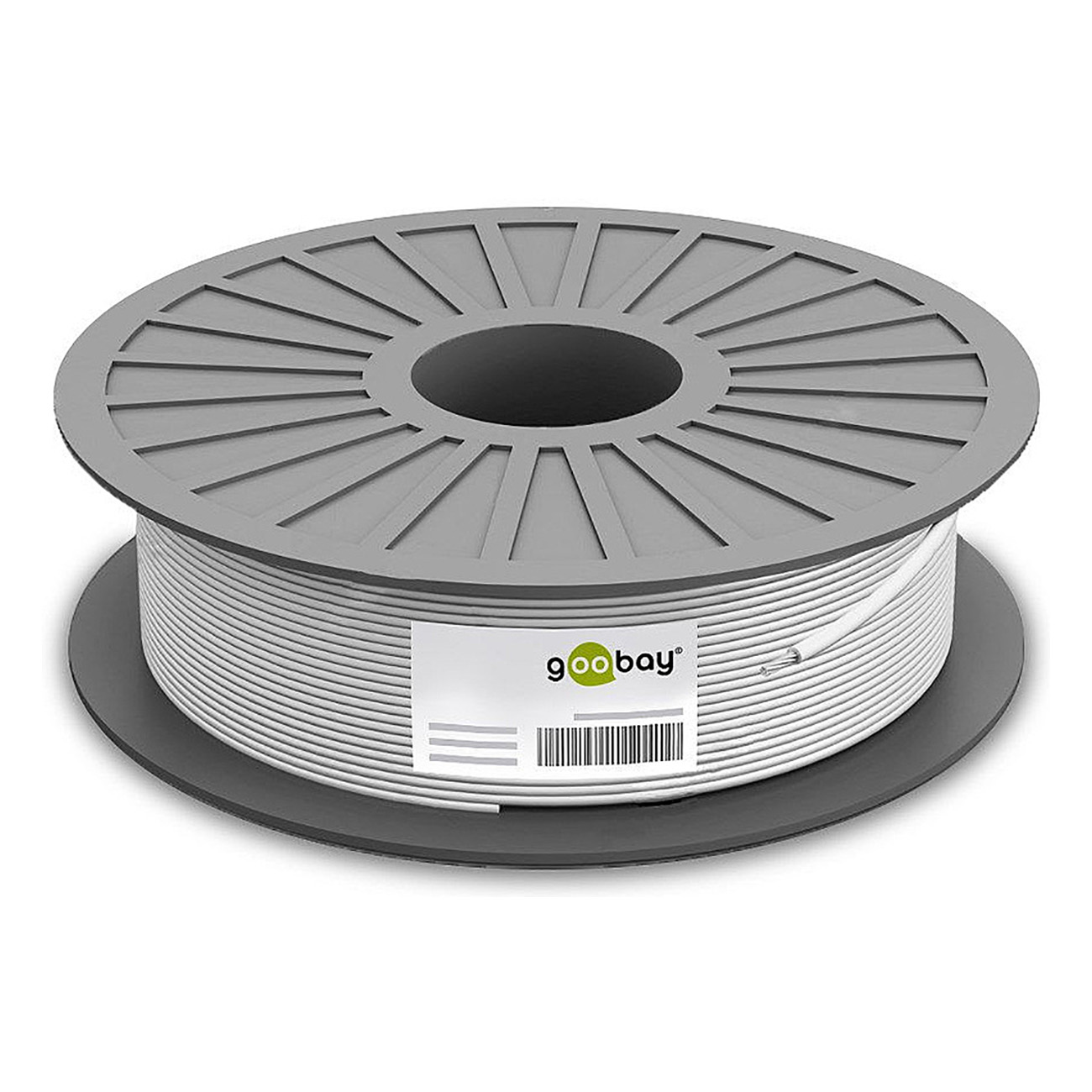 Bobina di cavo bianco con base grigia. Etichetta con testo 'goobay'. Sfondo bianco.
