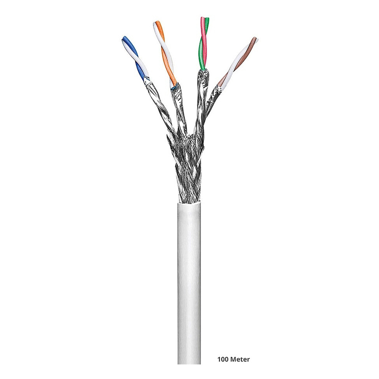 Cavo CAT tagliato, che mostra i fili colorati. Cavo bianco, sfondo bianco. Testo: 100 metri.