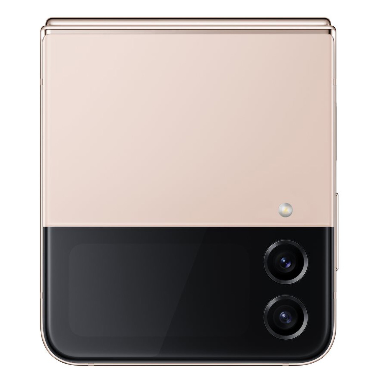 Złożony różowo-czarny telefon z dwoma aparatami i małym światłem z przodu.