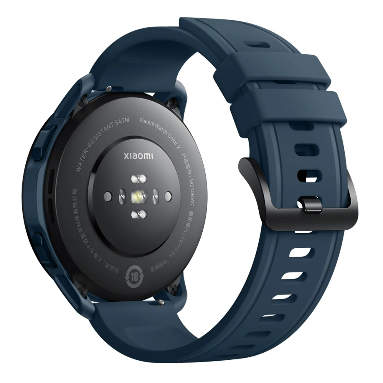 Xiaomi Watch Color 2, orologio blu scuro, cinturino nero, sfondo bianco.