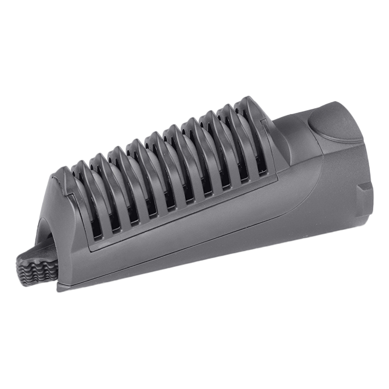 Szara nasadka grzebieniowa do stylizatora włosów, ustawiona pod kątem na białym tle.