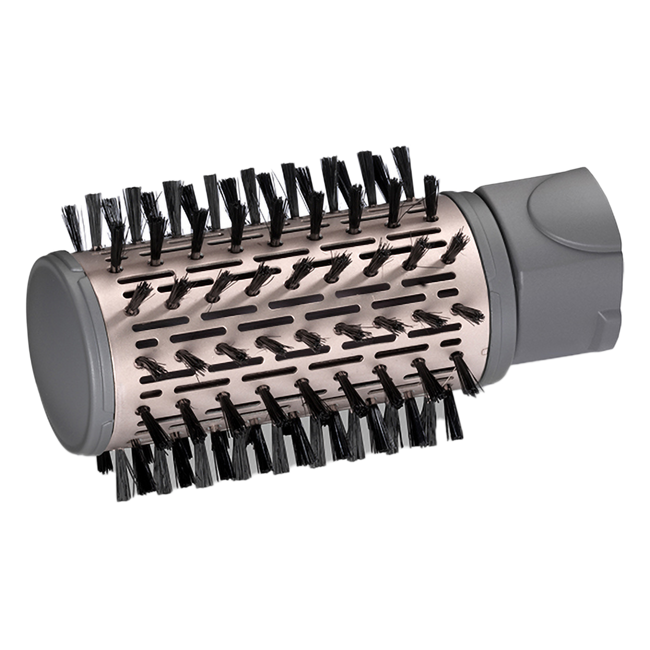 Szczotka do stylizacji włosów z szarym uchwytem i obracaną głowicą z czarnym włosiem.