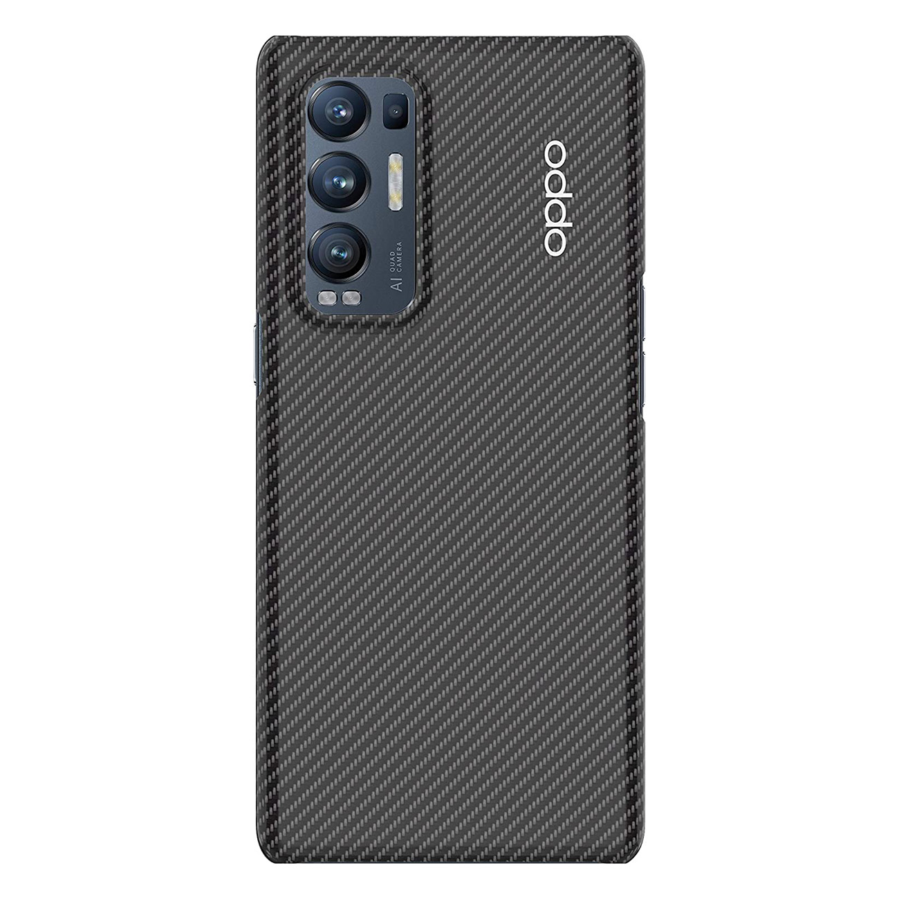 Eine schwarze Handyhülle mit Carbonfaser-Textur. Das OPPO-Logo befindet sich rechts.