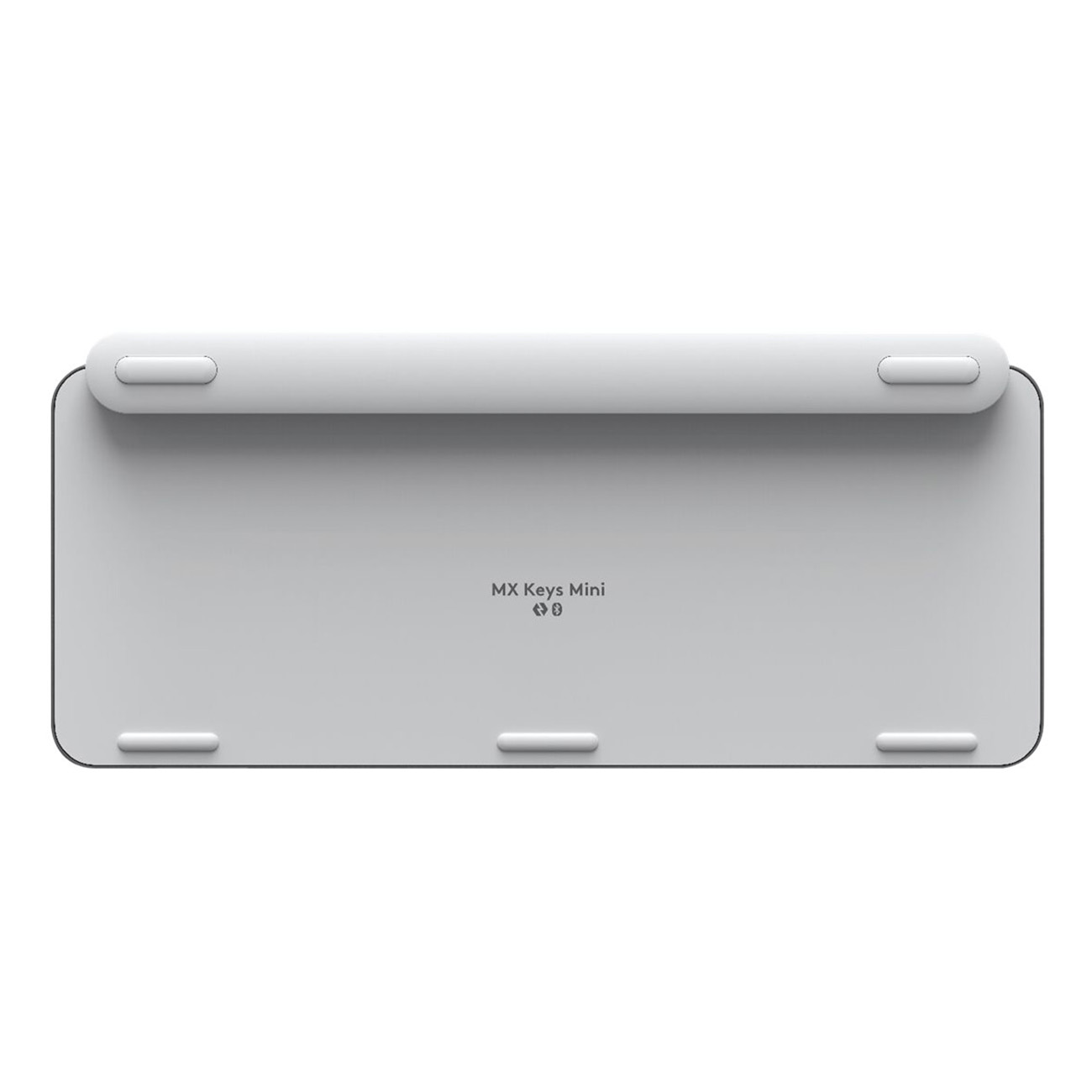 Szara klawiatura z góry, z białymi klawiszami i minimalistycznym designem, z 'MX Keys Mini'.