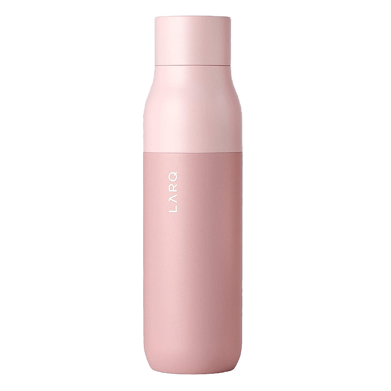 Eine rosa LARQ-Wasserflasche mit hellrosa Oberteil und dunklerem rosa Körper.