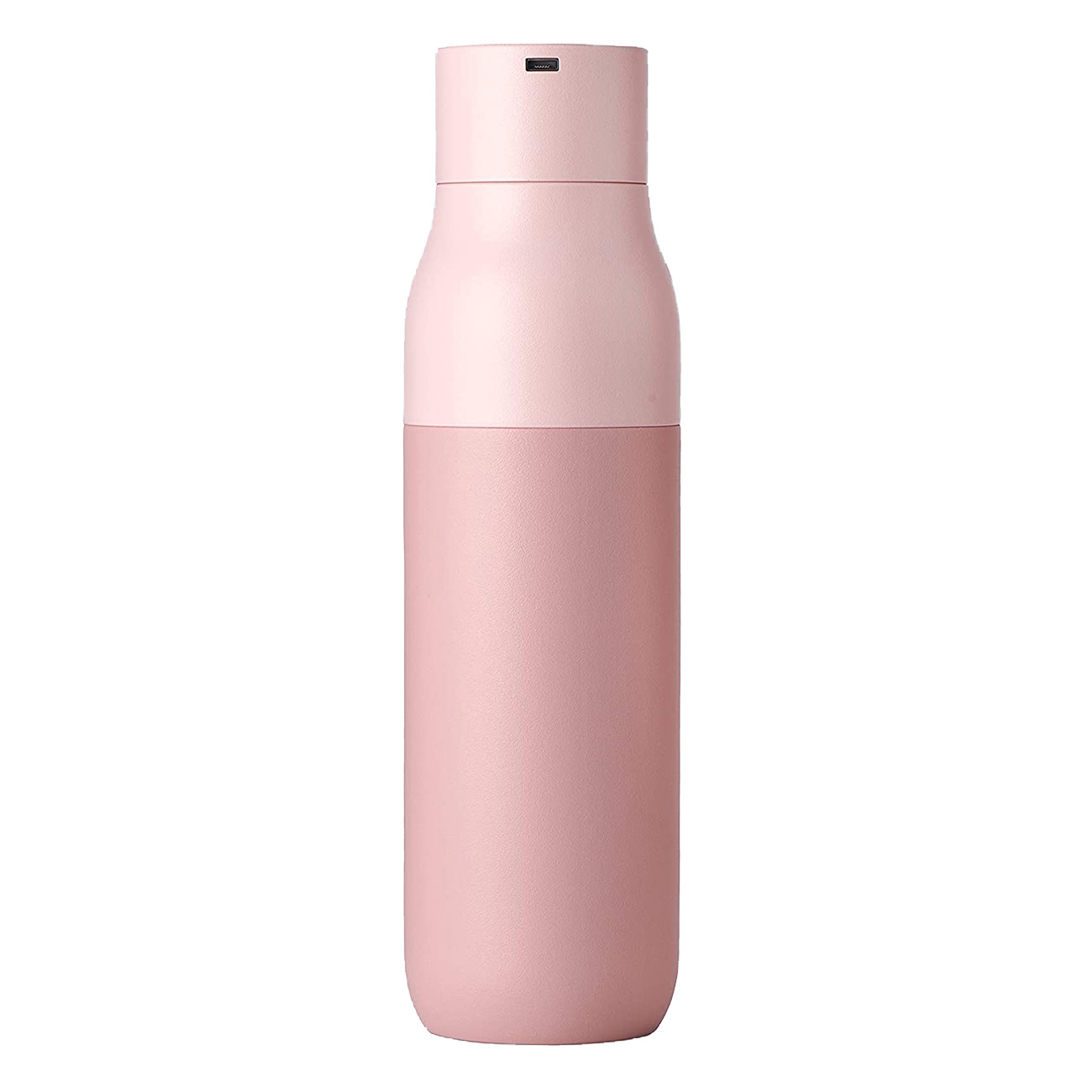 Rosa Wasserflasche mit weißem Deckel.