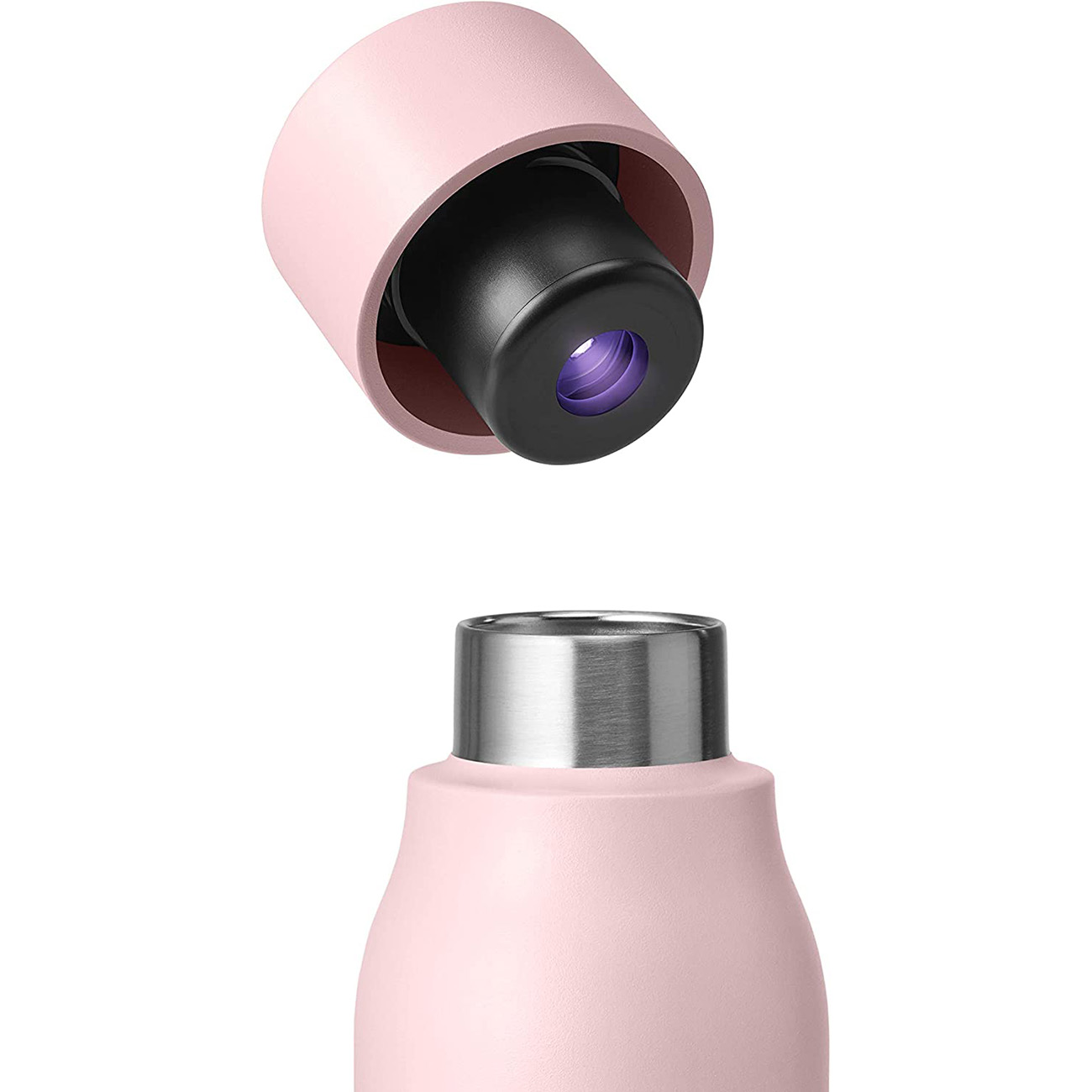 Eine rosa Wasserflasche ohne Deckel. Der Deckel ist innen schwarz und außen rosa.