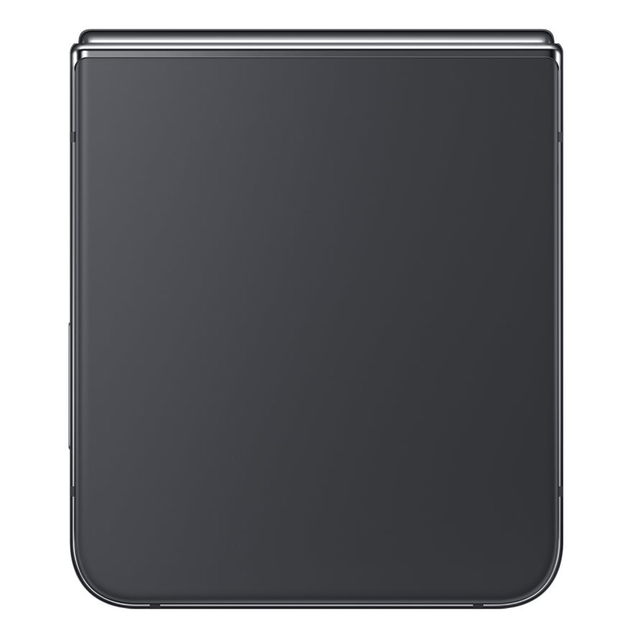 Zamknięty, ciemnoszary składany telefon, ze srebrną ramką, na białym tle. Telefon jest wyśrodkowany.