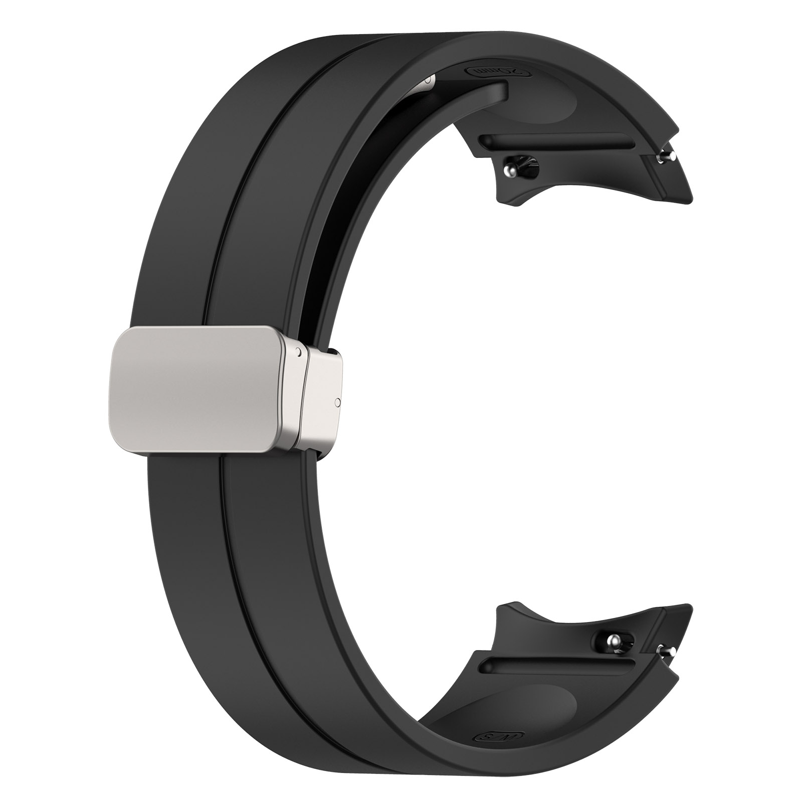 Schwarzes Uhrenarmband. Das Armband ist gebogen und hat eine silberne Schließe. Der Hintergrund ist weiß.