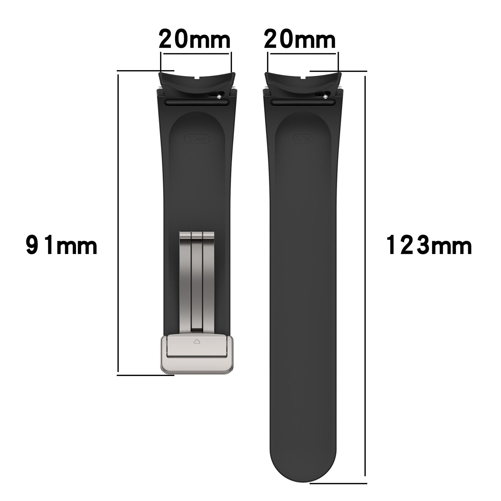 Ein schwarzes Uhrenarmband mit Maßen und silberner Schließe auf weißem Hintergrund.