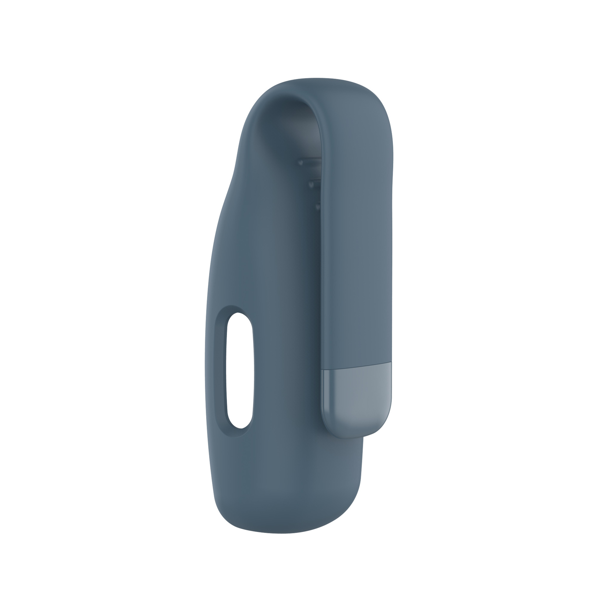Blaues Clip-On-Gerät, möglicherweise für einen Fitnesstracker, auf weißem Hintergrund.