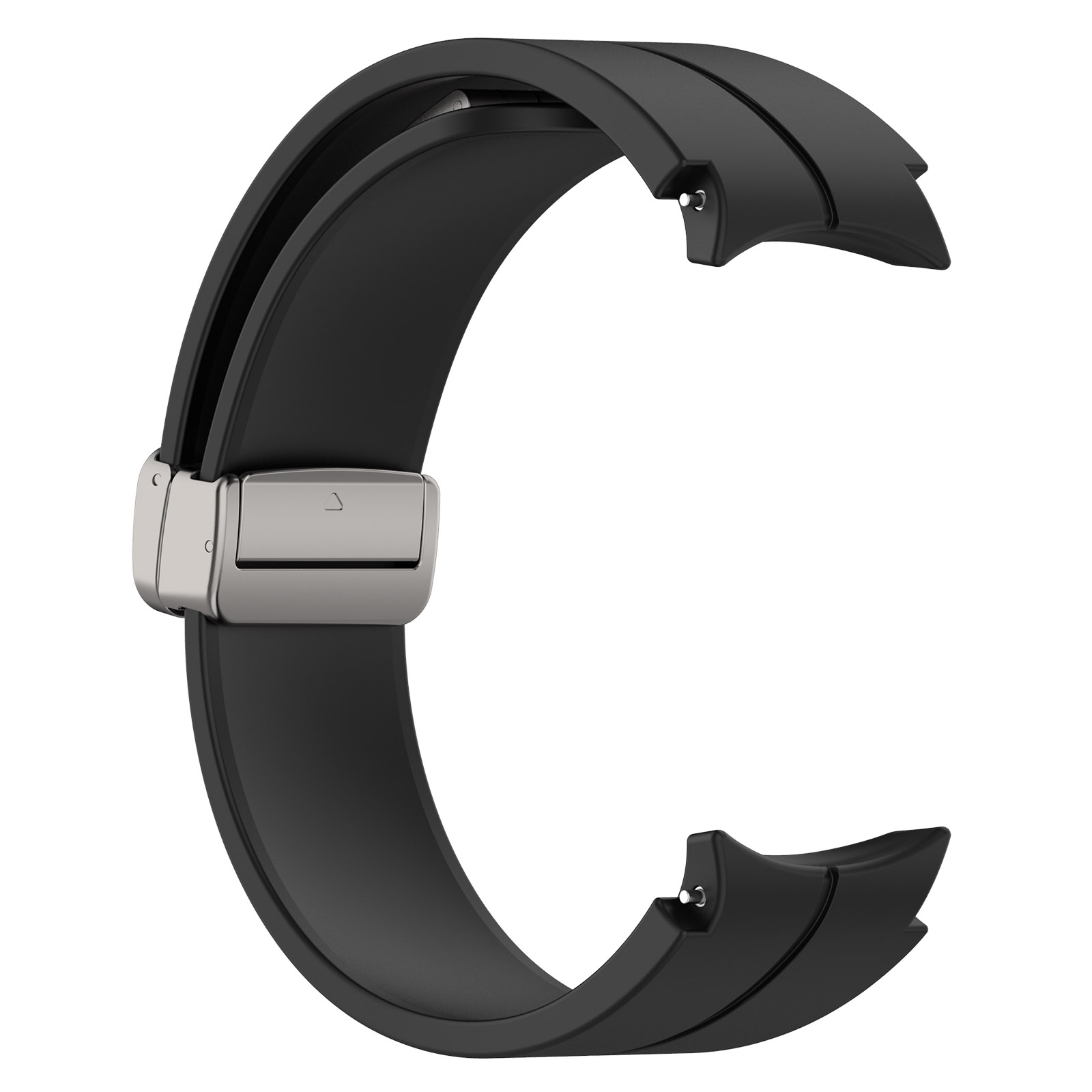 Ein schwarzes Uhrenarmband mit silberner Schließe, isoliert auf weißem Hintergrund.