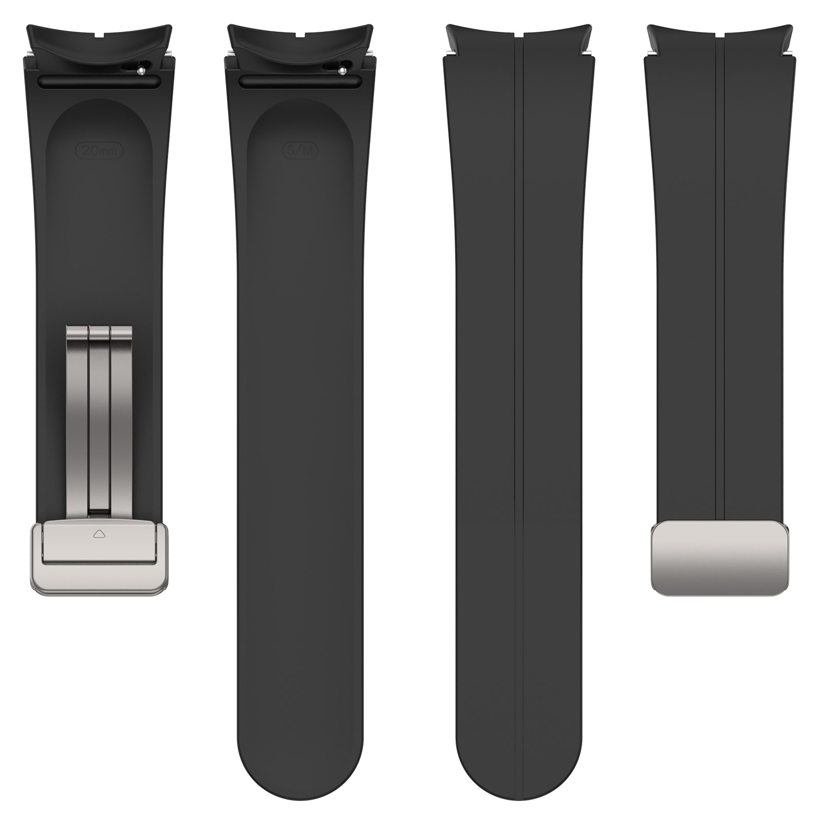 Vier schwarze Uhrenarmbänder mit verschiedenen Ansichten, mit Schließe und Details.