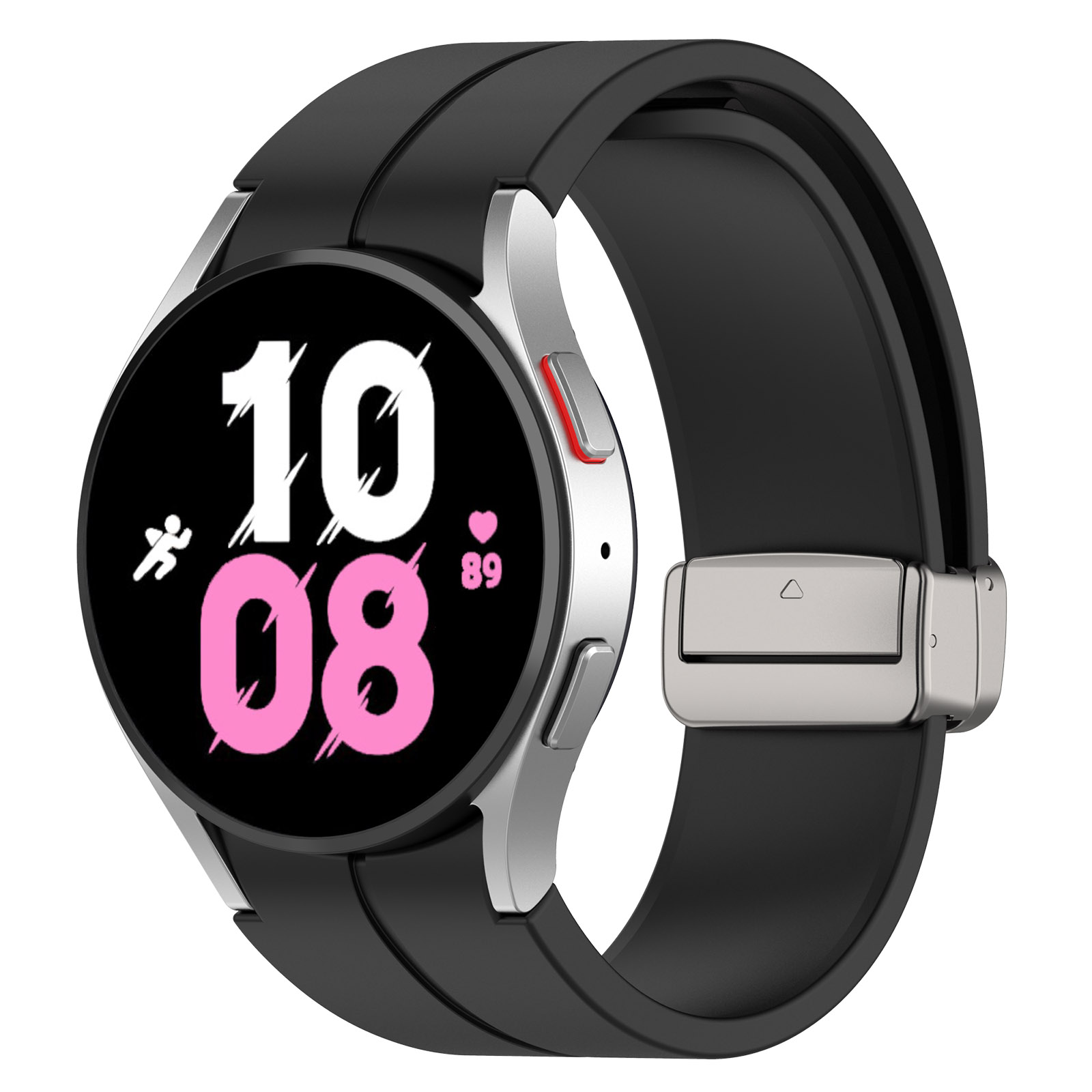 Smartwatch mit schwarzem Armband, das Zeit, Herzfrequenz und Aktivitätssymbol auf weißem Hintergrund anzeigt.