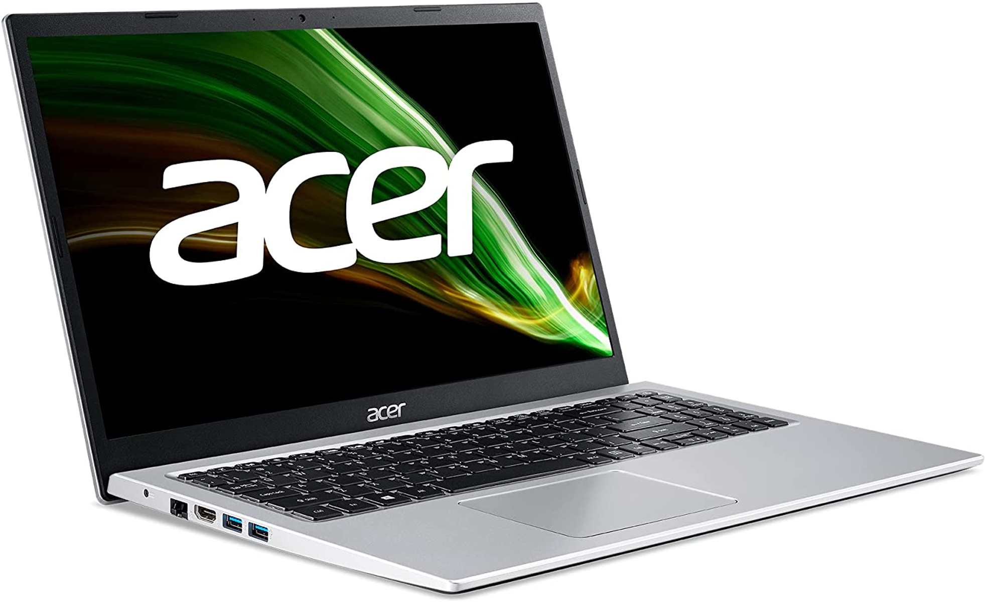 Un portátil plateado con pantalla verde y amarilla brillante, mostrando la palabra Acer.