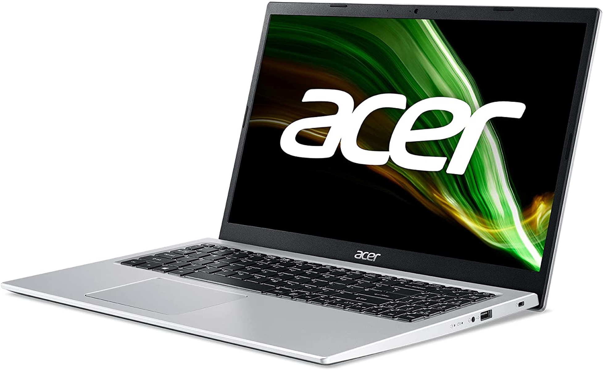 El portátil Acer muestra un diseño abstracto verde y amarillo en la pantalla.