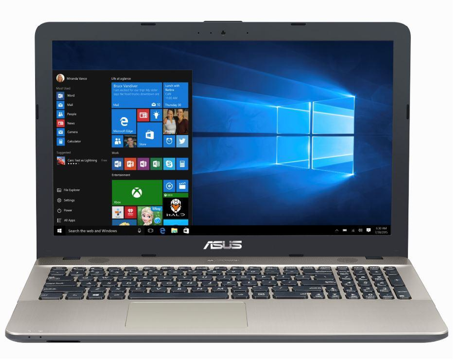Laptop Asus abierto, mostrando escritorio Windows. Combinación de colores beige y gris.