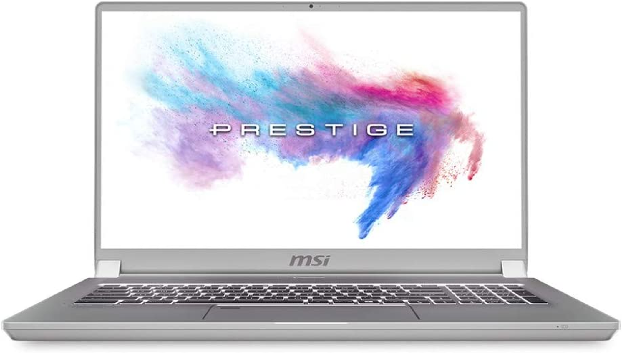 Portátil plateado, abierto, mostrando la palabra 'PRESTIGE' en la pantalla, fondo blanco.