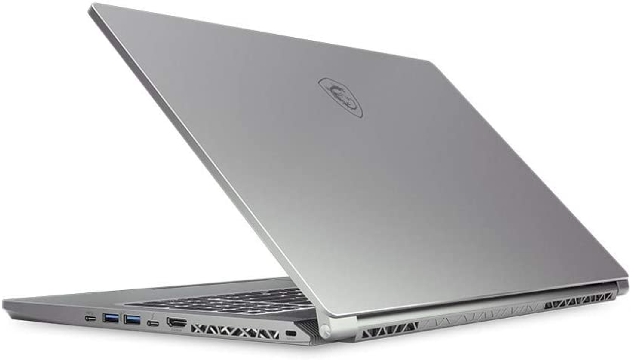 Una computadora portátil plateada con la tapa abierta, mostrando el teclado y la parte trasera.