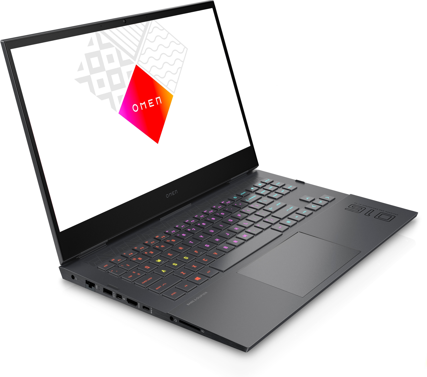 Laptop OMEN negro muestra un logo en pantalla.
