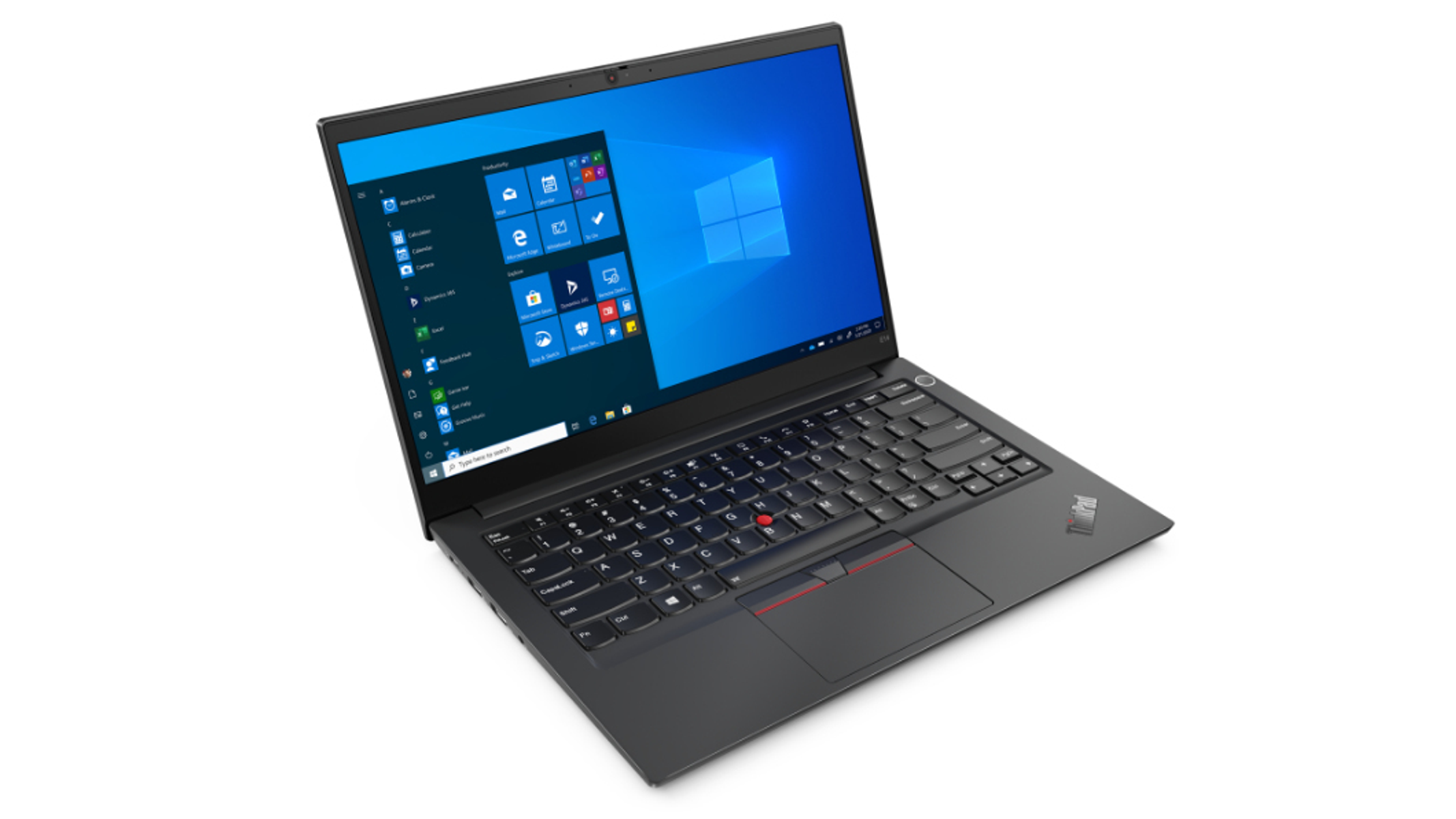 Portátil negro abierto con escritorio de Windows. Fondo blanco. Logotipo Lenovo.