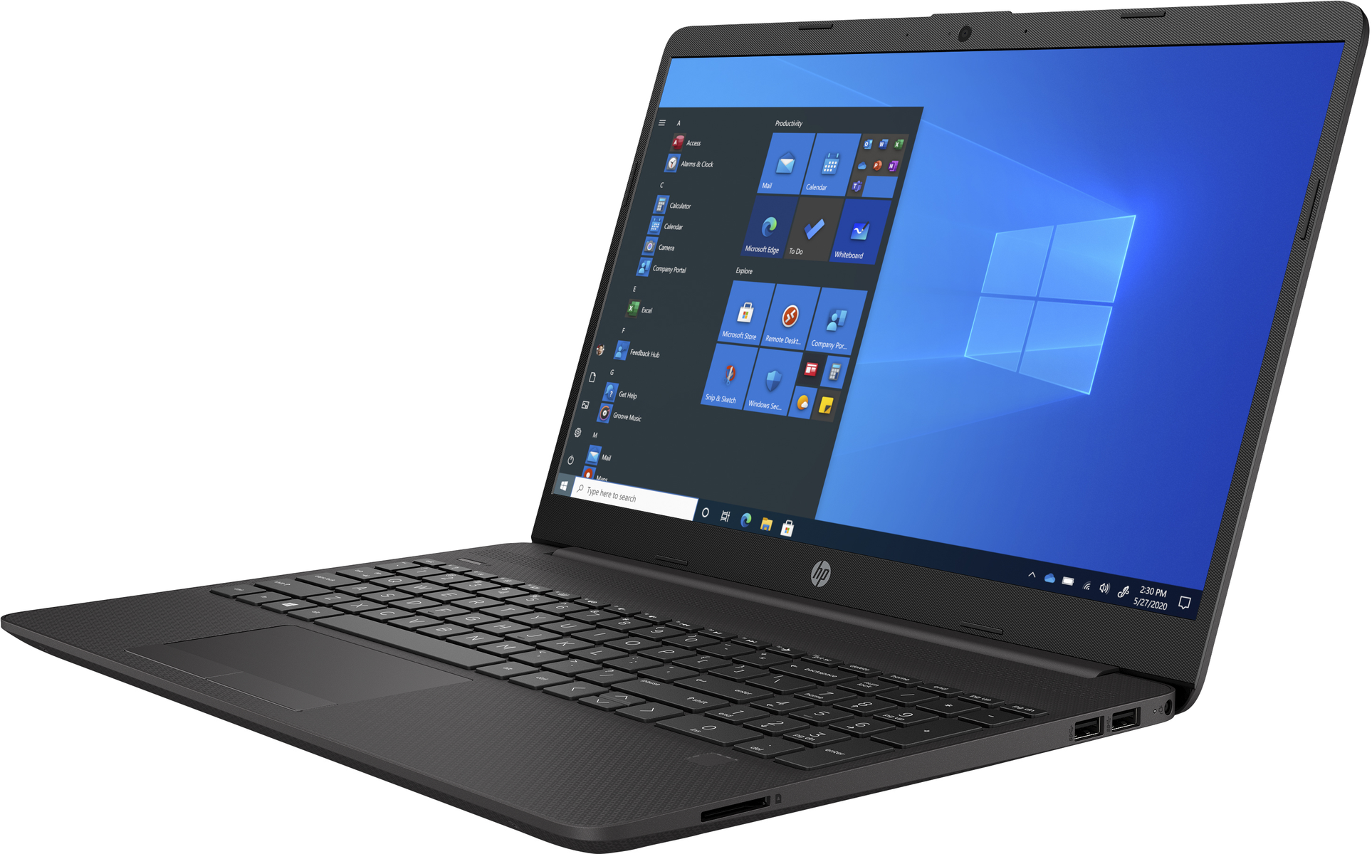 Laptop nero con schermo aperto che mostra l'interfaccia del menu Start di Windows. Il logo HP è visibile.