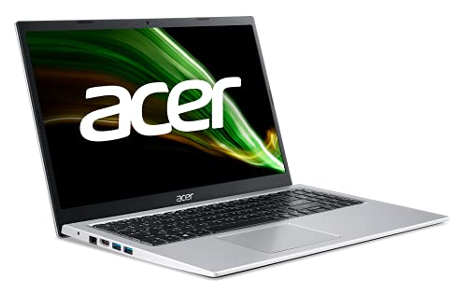 Portátil Acer plateado, abierto, mostrando gradiente verde y amarillo en pantalla, fondo blanco.