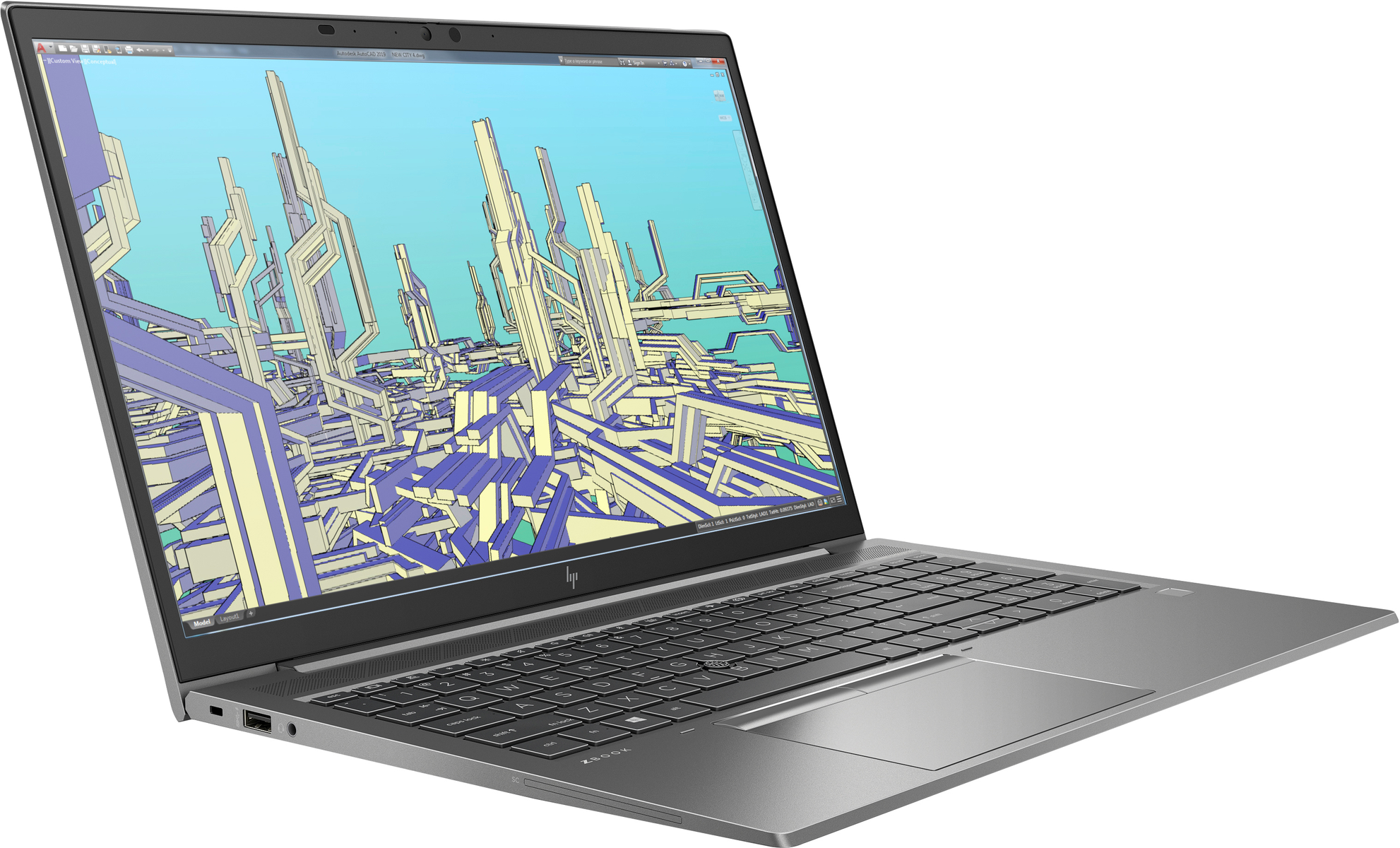 Ordenador portátil plateado con una pantalla que muestra un dibujo arquitectónico azul y blanco. El logotipo de HP es visible.