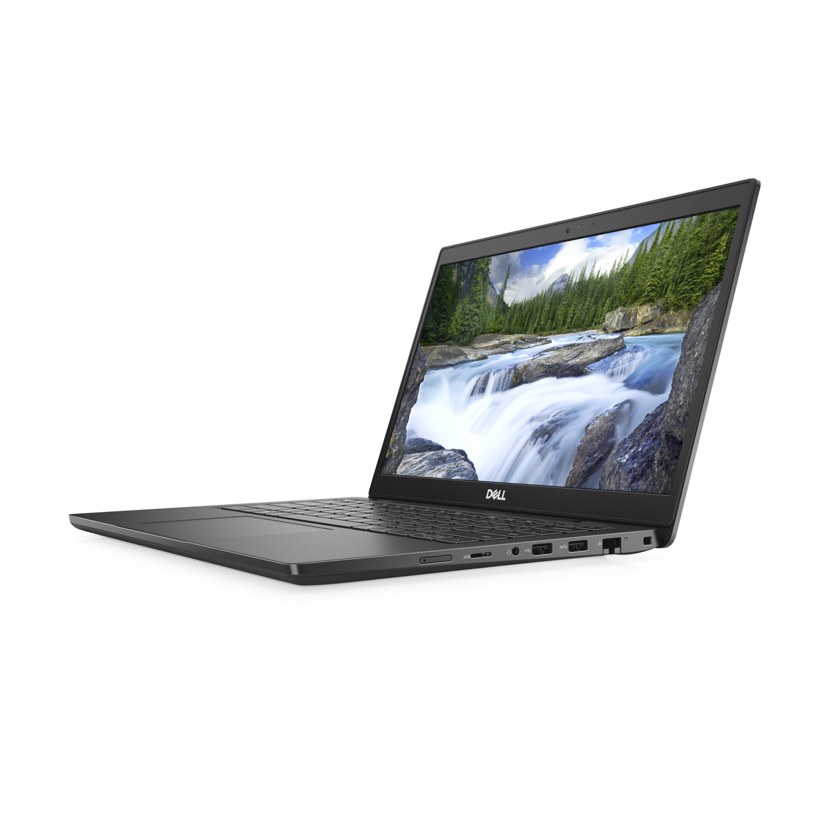 Schwarzer Laptop, teilweise geöffnet, schräge Ansicht auf weißem Hintergrund. Display zeigt Wasserfallszene.
