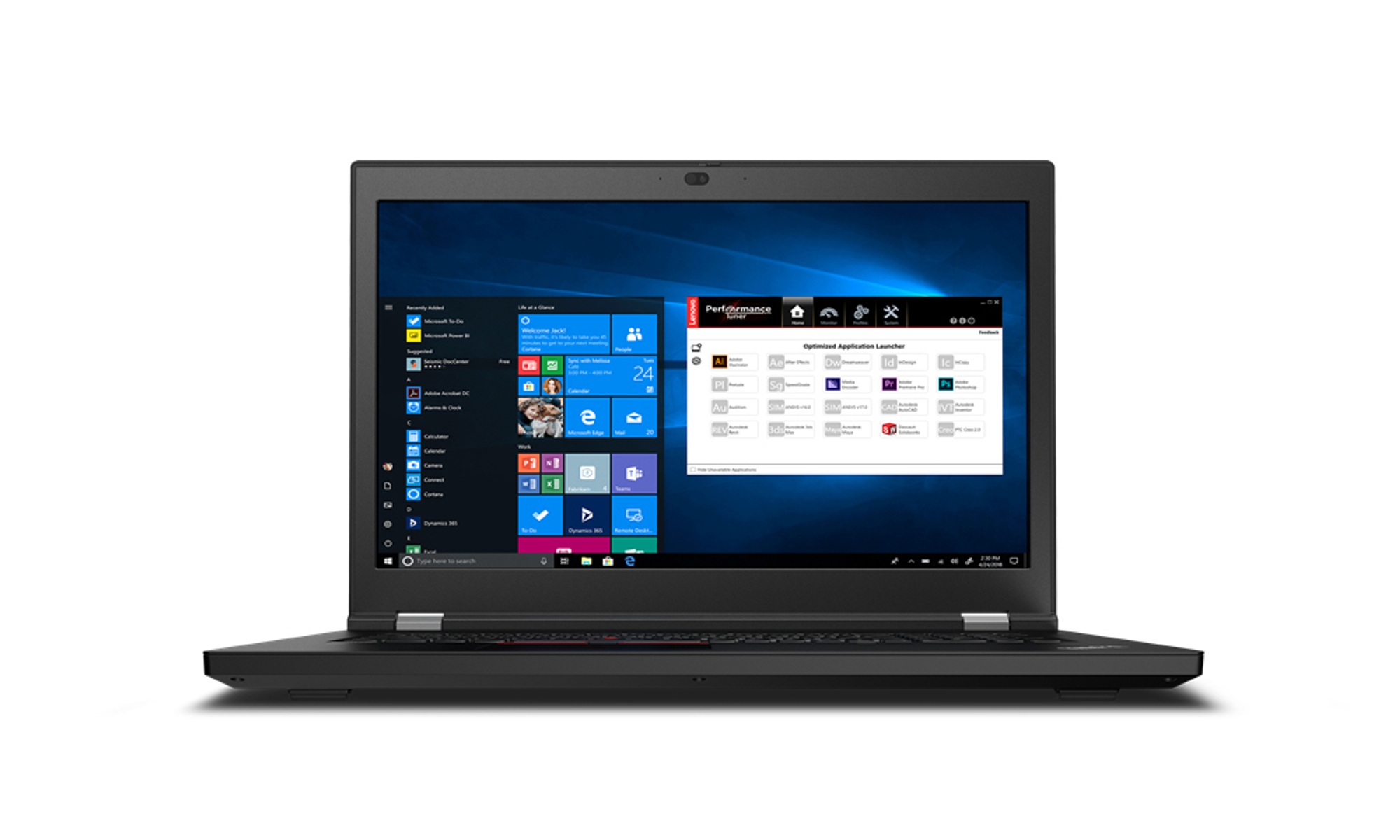 Portátil negro, abierto, mostrando interfaz Windows con iconos de aplicaciones sobre fondo blanco.
