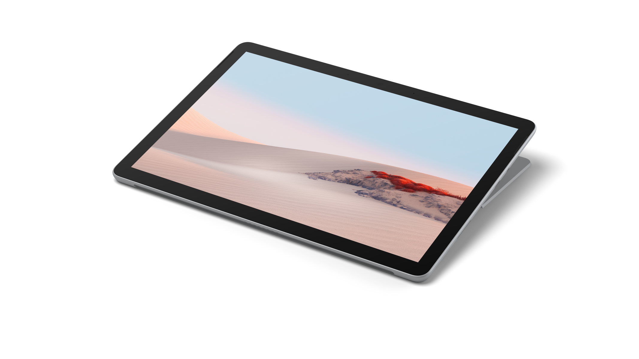 Tablet con paesaggio desertico. Il dispositivo è angolato, mostra schermo e lato.