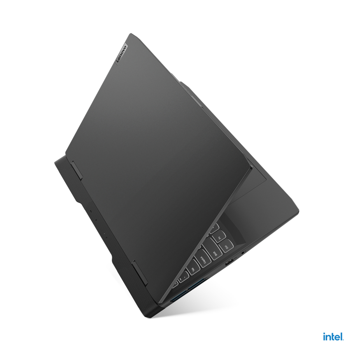 Schwarzer Lenovo-Laptop, teilweise geöffnet. Der Bildschirm zeigt einen dunklen Hintergrund. Intel-Logo unten rechts.