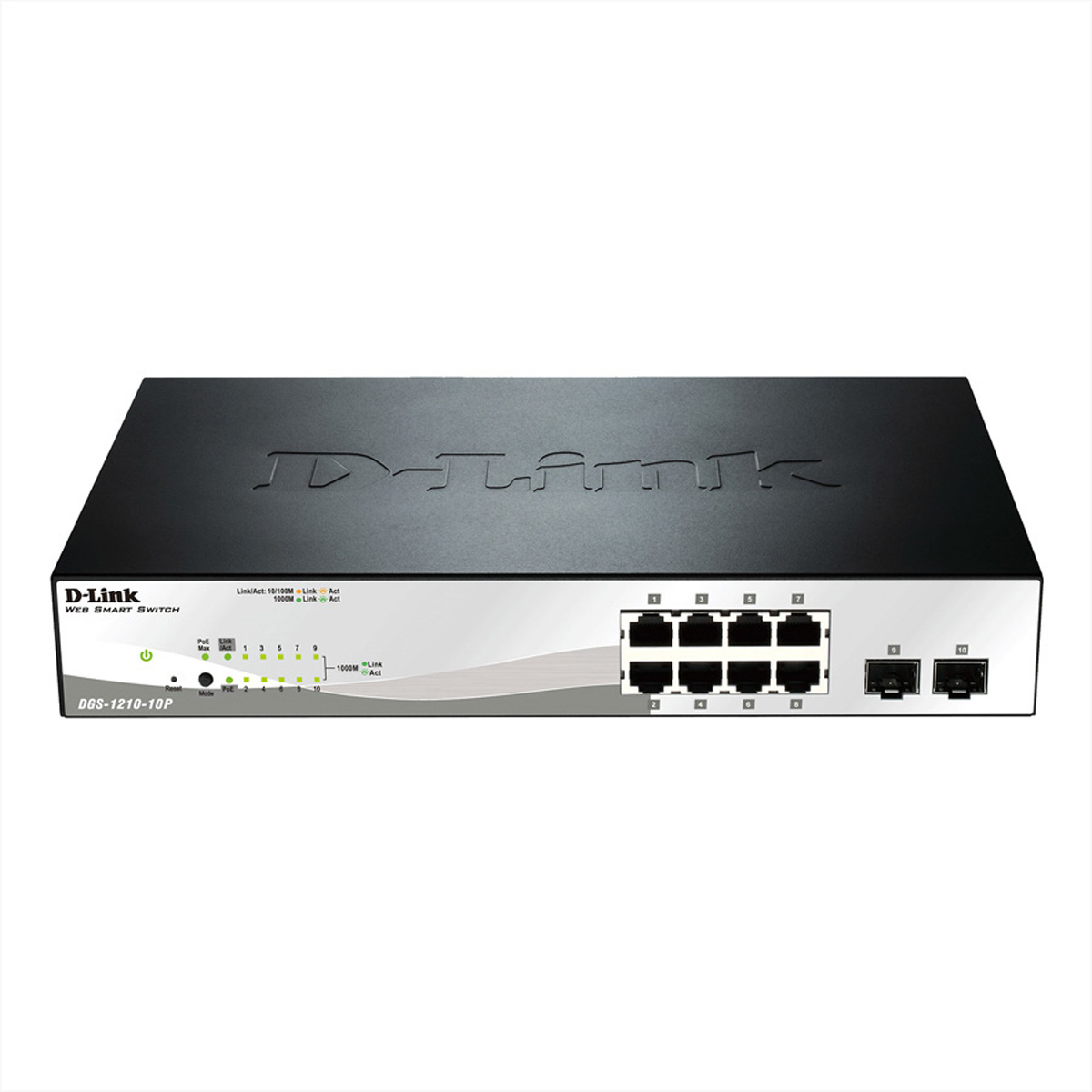 Switch D-Link nero. Diverse porte e luci sono visibili sulla parte anteriore del dispositivo.