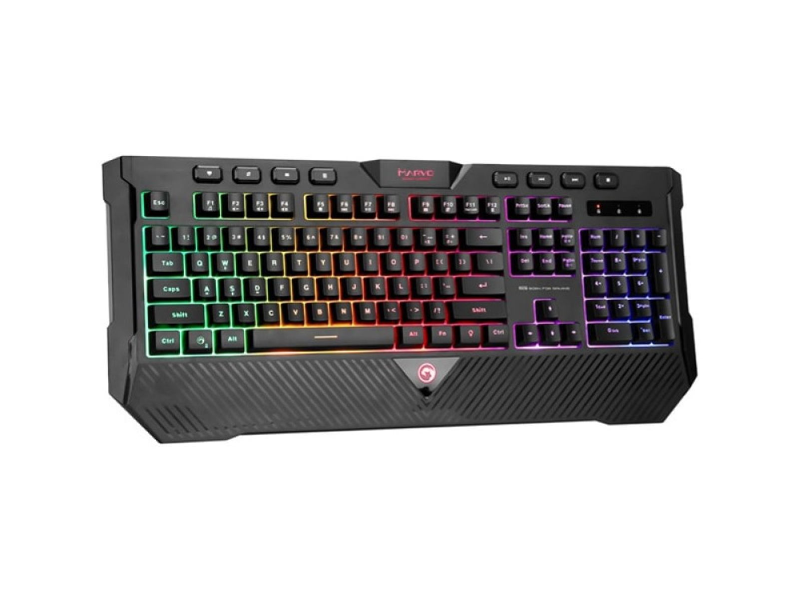 Teclado gaming negro, vista en ángulo, con retroiluminación RGB y múltiples teclas.