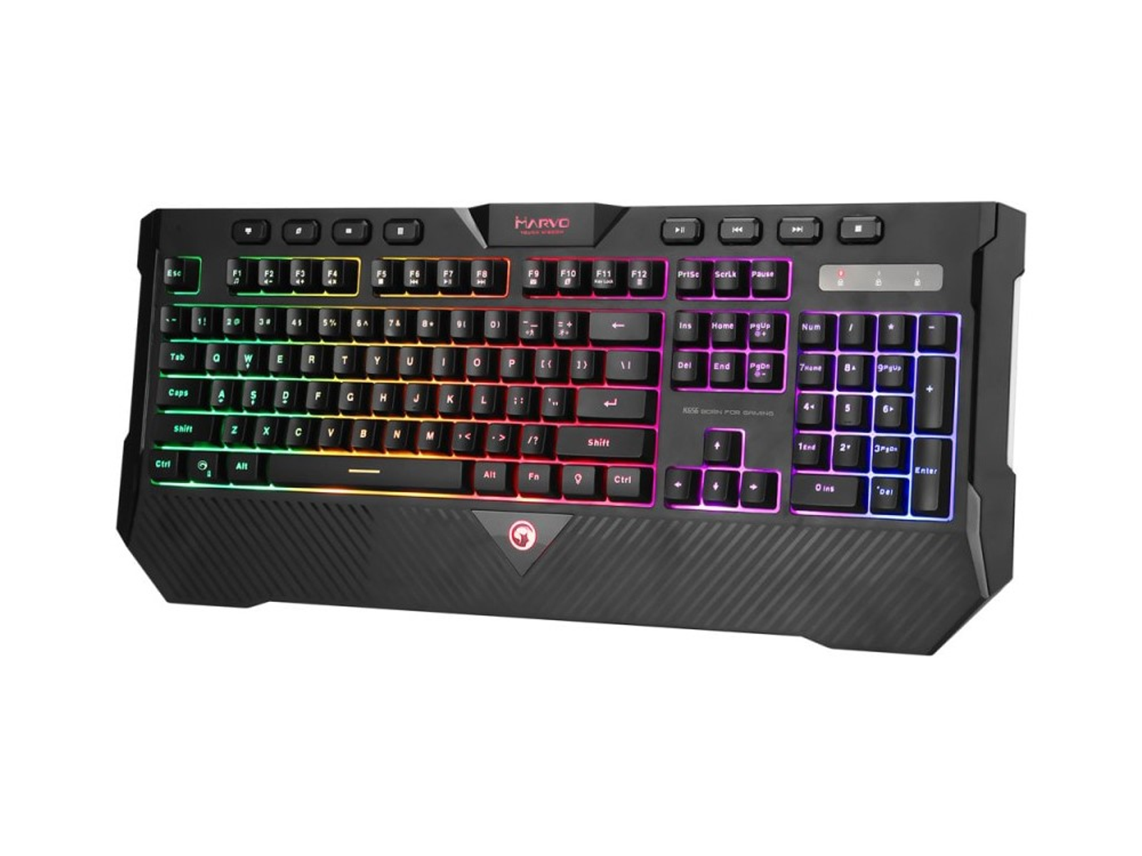 Teclado negro con teclas de colores arcoíris. El teclado está sobre una superficie negra.