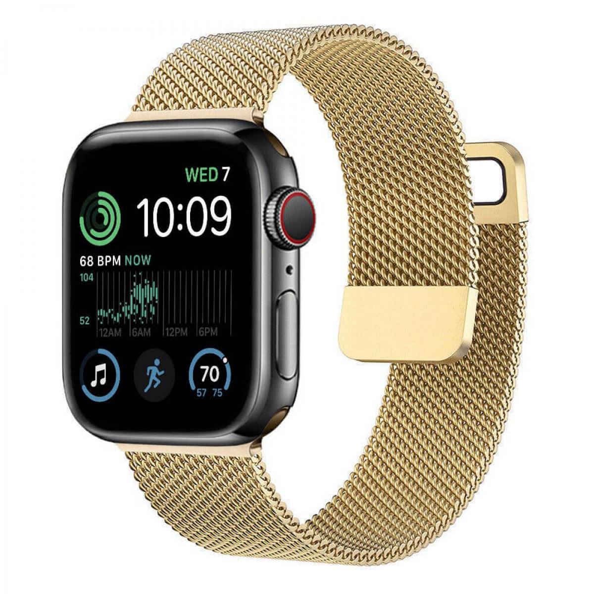 Eine goldene Apple Watch mit goldenem Mesh-Armband zeigt Zeit- und Gesundheitsmetriken.